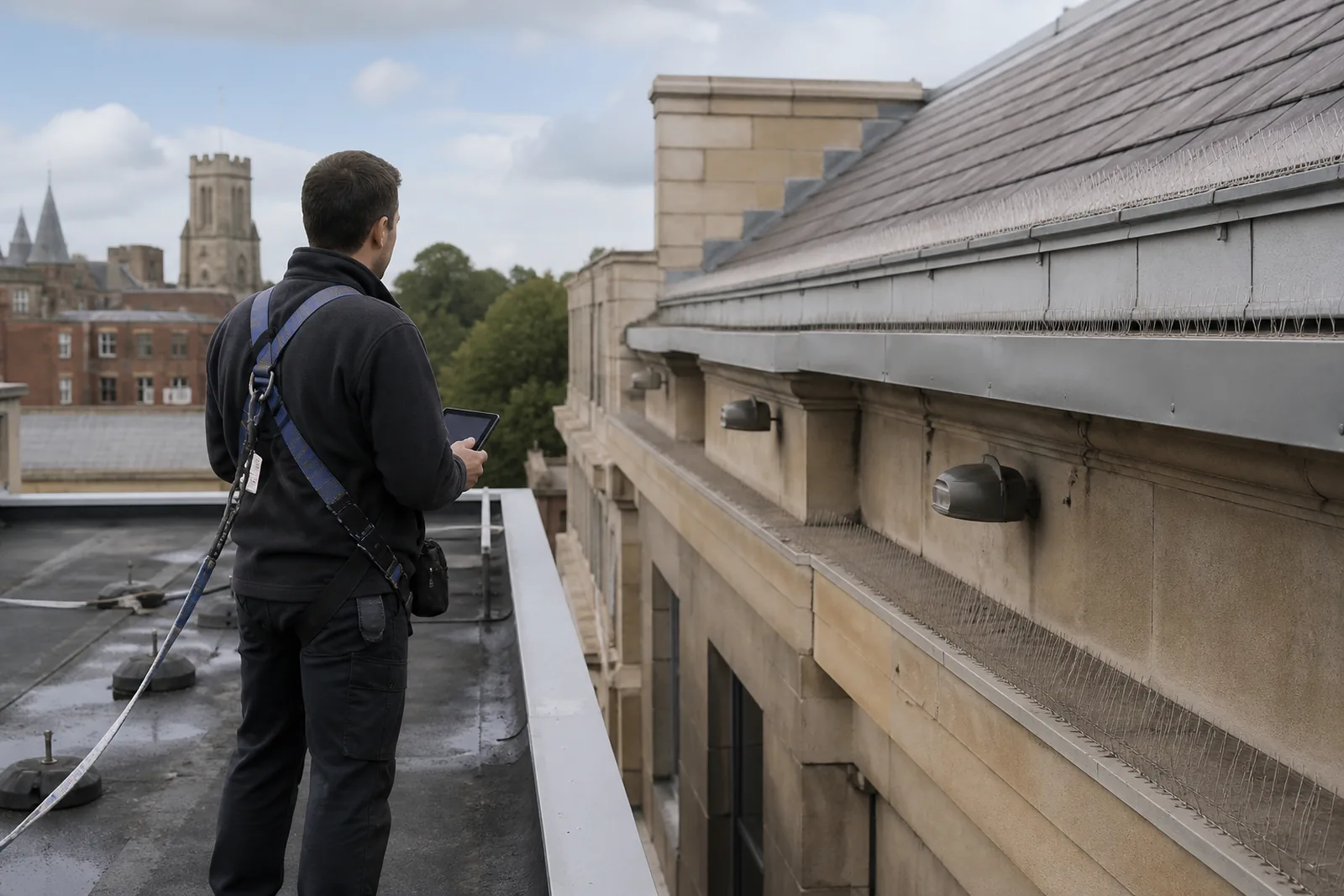 Professional surveying humane bird proofing on a roof