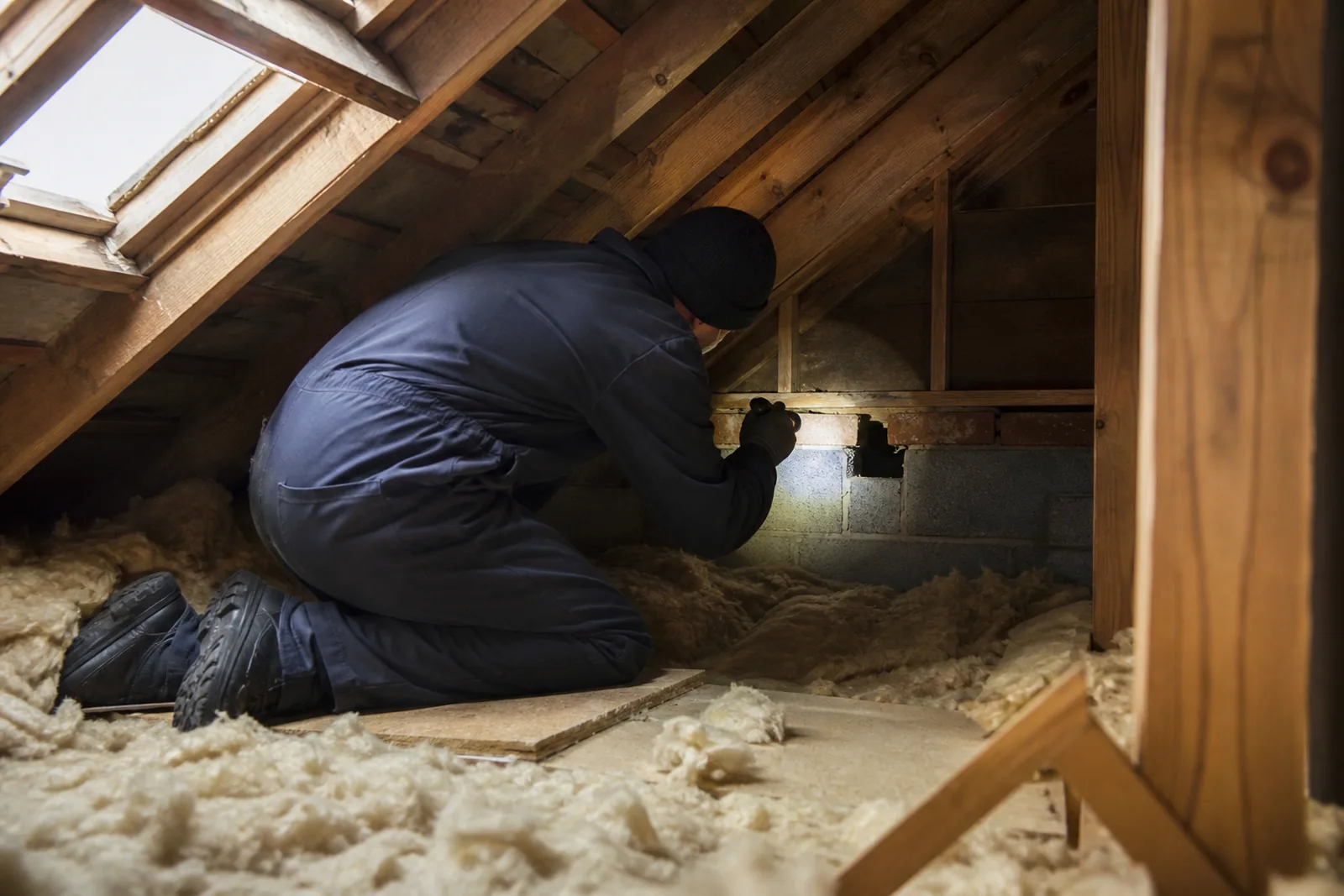 Professional inspecting a loft entry point